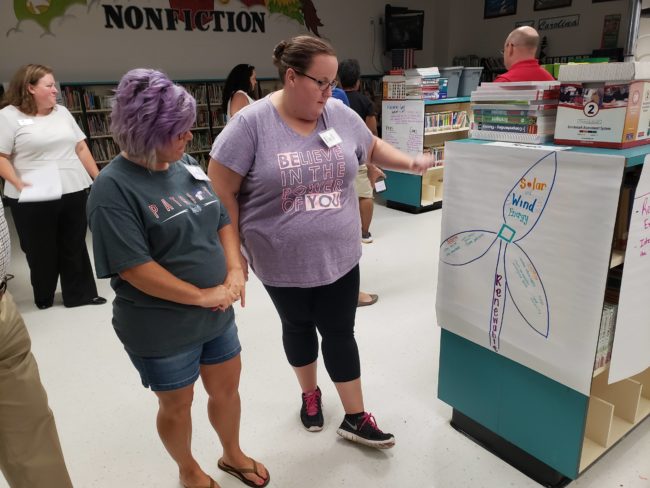 Two teachers looking at a drawing.